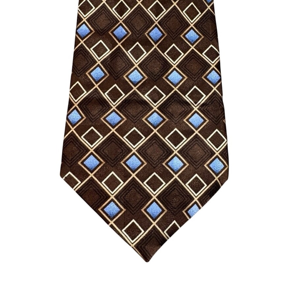 Carlos Devenezia Mens Silk Tie Brown Blue Geometric Diamond Pattern Hand Made